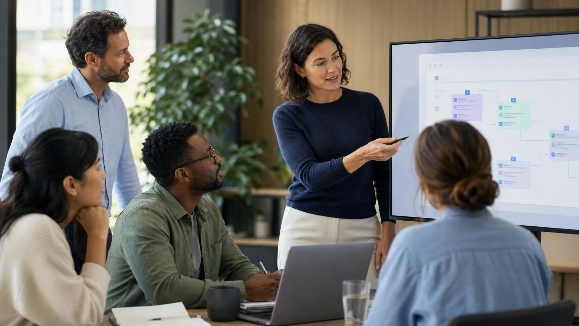A modern workplace scene with employees gathered around a shared screen, practicing AI workflows together with a calm manager guiding the conversation. The mood should feel human, focused and optimistic — more behavior change workshop than futuristic tech demo.