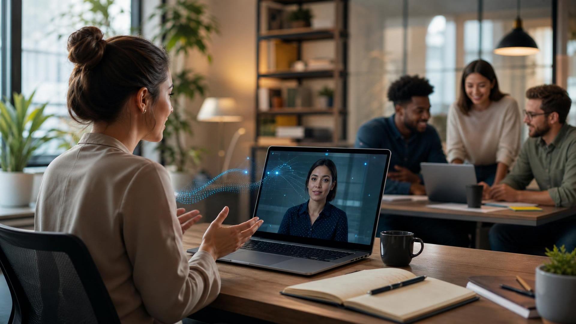 A confident first-time manager in a modern hybrid workspace practices a difficult conversation with an AI simulation on screen while a small team collaborates nearby. Warm, human, polished B2B style with subtle AI cues and an optimistic but grounded mood.