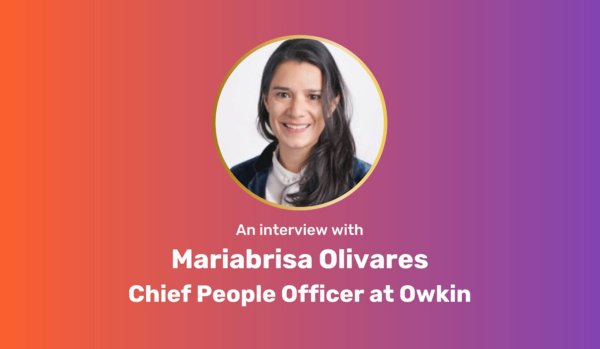 Mariabrisa is a chief people officer at Owkin. Her headshot is in a circle frame with a white background. The background of the main photo is an ombre color that goes from an orange to a purple.