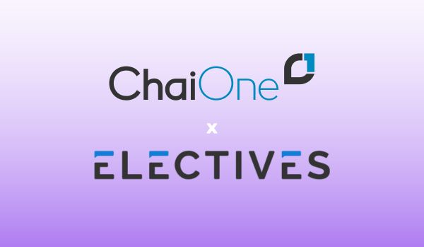 A purple gradient rectangle. The ChaiOne logo is centered over the Electives logo with an "x" in between.