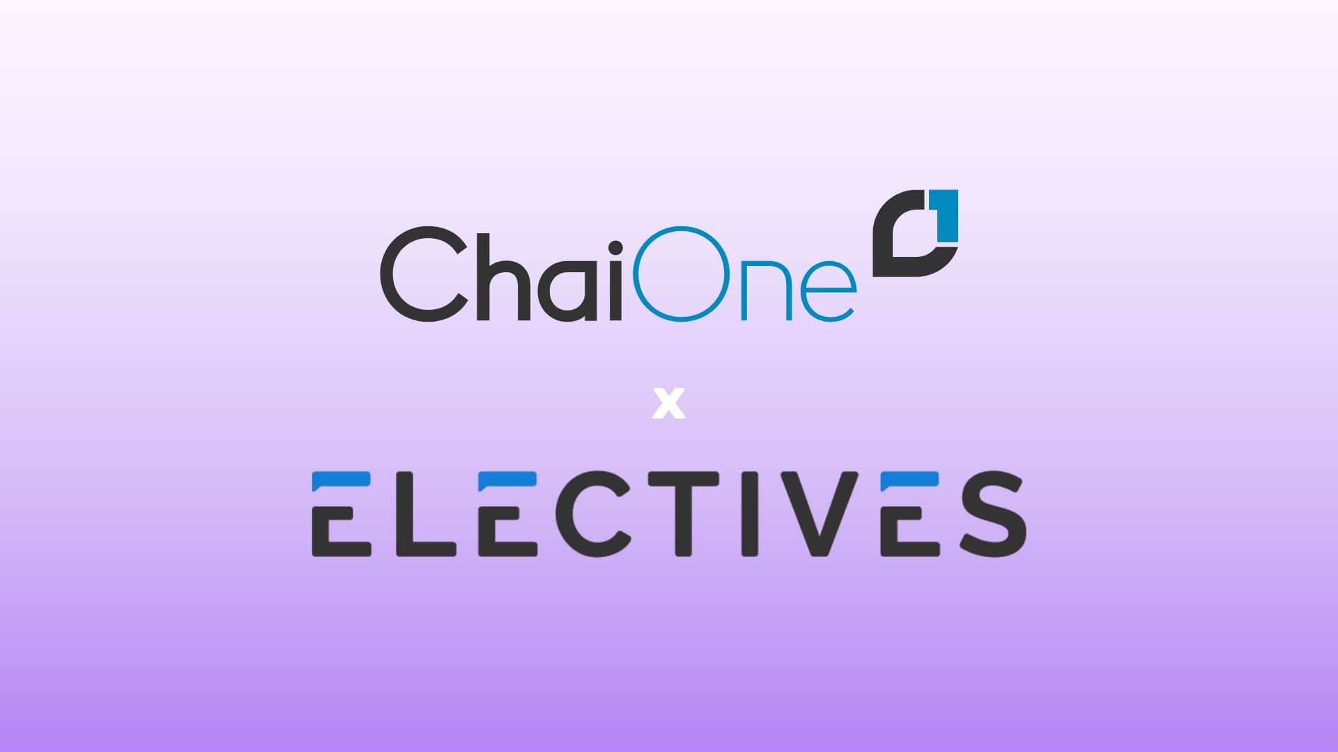 A purple gradient rectangle. The ChaiOne logo is centered over the Electives logo with an "x" in between.
