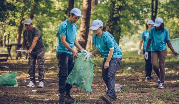 A team of employees works together to clean up litter in a wooded area.