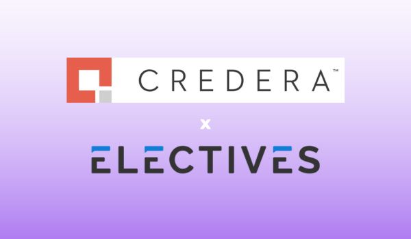 A purple gradient rectangle. The Credera logo is centered over the Electives logo with an "x" in between.