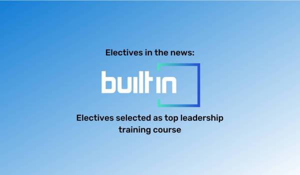 Electives in the news" at the top in black font. The Built In logo is beneath it. The background is a blue gradient.
