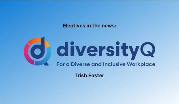 A blue gradient background with the Diversity Q logo in the center and Trish Foster's name in black bold text underneath.