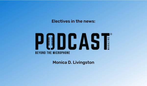 A blue gradient background with the words "Podcast" in the middle in black text. The words "Monica D. Livingston" are in black text underneath.