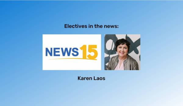 "Electives in the news" at the top in black font and "Karen Laos" at the bottom in black font. The Fox15 News logo and a photo of Karen are between them. The background is a blue gradient.