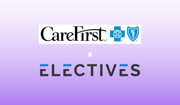 A purple gradient rectangle. The CareFirst logo is centered over the Electives logo with an "x" in between.