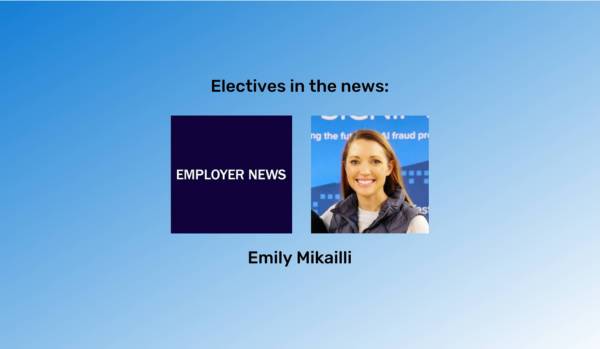 A blue gradient background with the Employer News logo in the center and Emily Mikailli's picture next to it on the right.