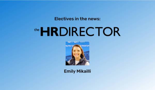 A blue gradient background with Emily Mikailli's picture in the middle and The HR Director Logo above her picture.