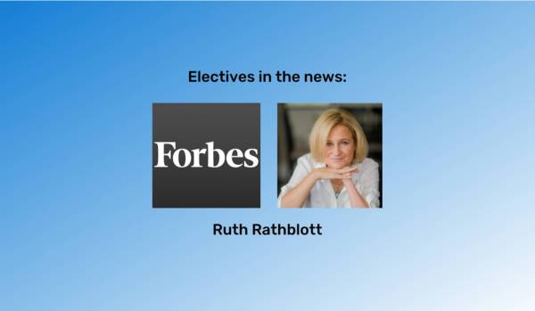 A blue gradient background with the Forbes logo in the center and an image of Ruth Rathblott next to it on the right.
