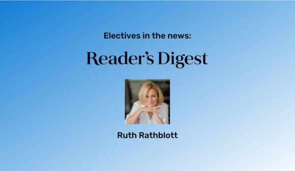 A blue gradient background with Ruth Rathblott's picture in the middle and the Reader's Digest logo above her picture.