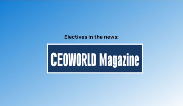 A blue gradient rectangle with "Electives in the news:" in black text, centered, over the CEOWORLD Magazine logo.