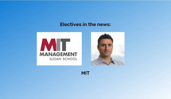 "Electives in the news" at the top in black font and "MIT" at the bottom in black font. The MIT logo and a photo of Krikor is between them. The background is a blue gradient.