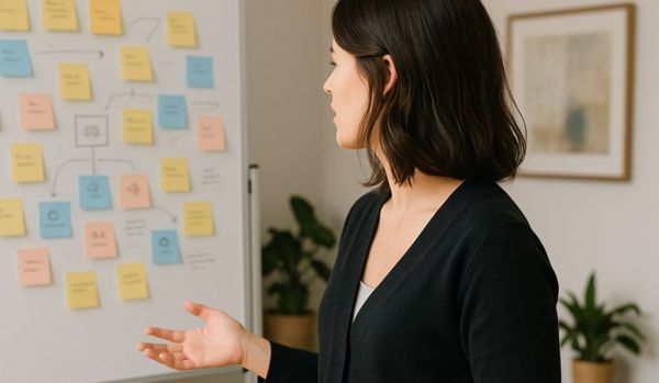A woman is facing a whiteboard where a strategy is mapped out.