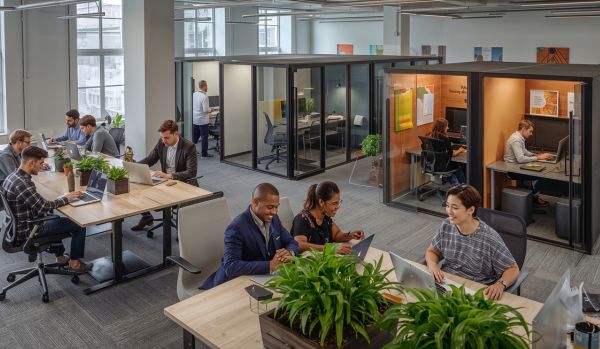 An overhead view of an open working space filled with happy office workers.