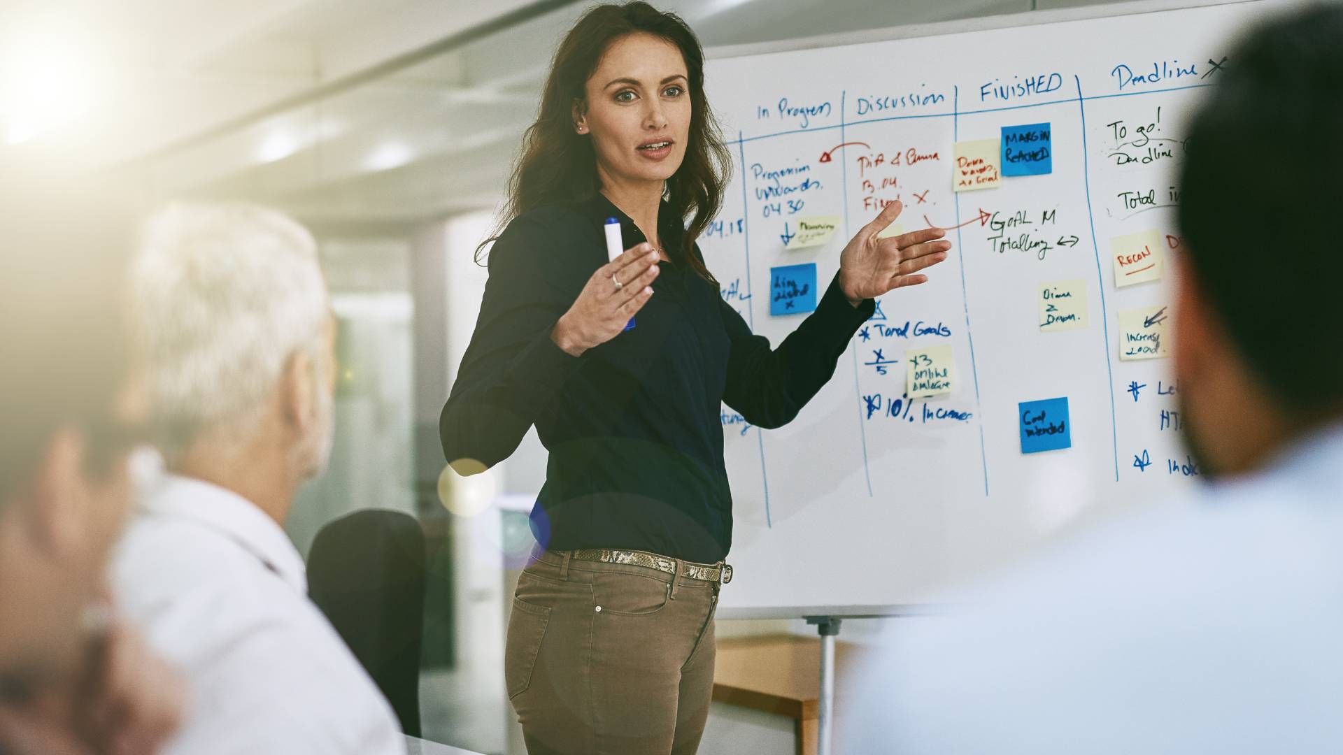 A woman stands at a whiteboard, turned toward her colleagues explaining something.