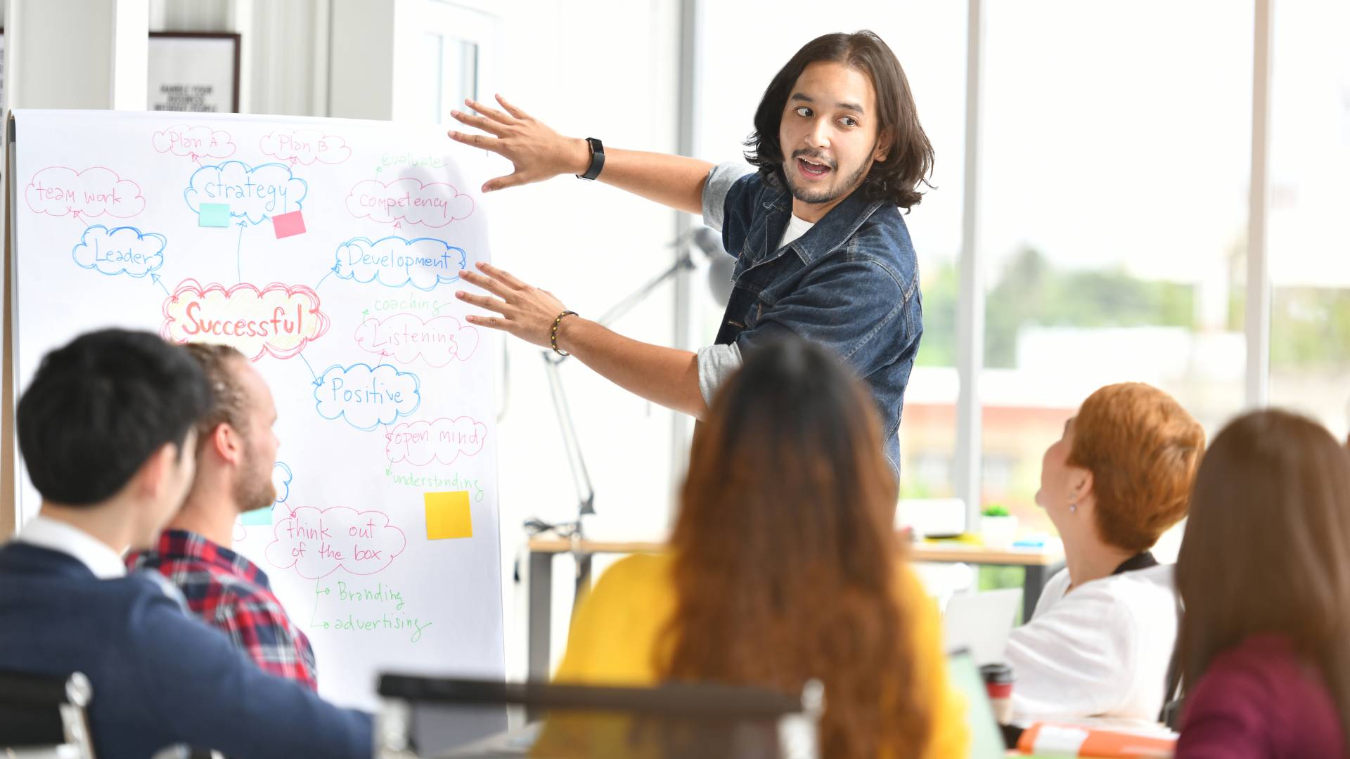 A young man is leading a professional development program for the office.