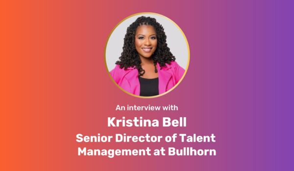 Prange-purple gradient rectangle with circle image of Kristina Bell at the top, center. Underneath, centered white text: "An interview with Kristina Bell, Senior Director of Talent Management at Bullhorn"