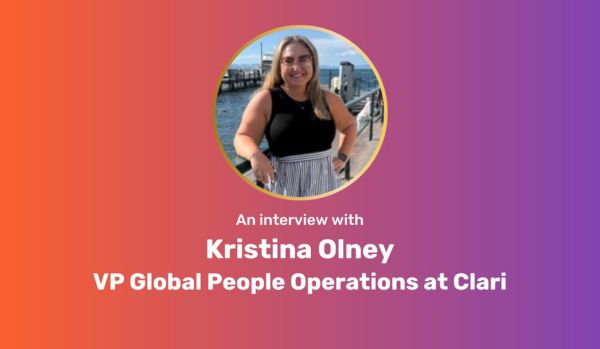 Purple-orange gradient rectangle. Center top: circle image of Kristina Olney. Center bottom: White bold text, "An interview with Kristina Olney, VP of Global People Operations at Clari"