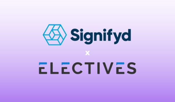 A purple gradient rectangle. The Signifyd logo is centered over the Electives logo with an "x" in between.