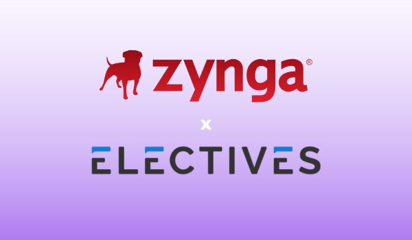 A purple gradient rectangle. The Zynga logo is centered over the Electives logo with an "x" in between.