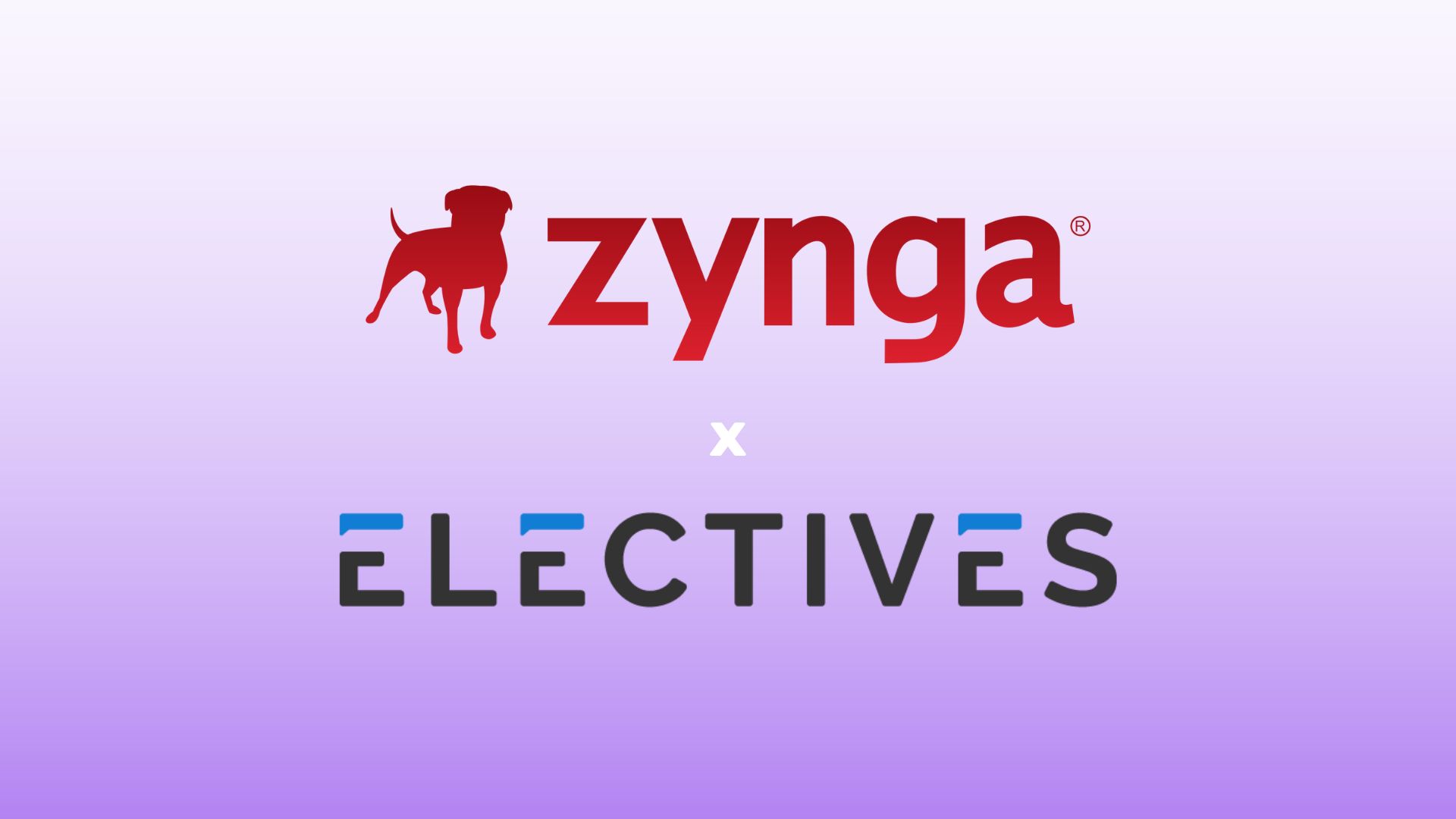 A purple gradient rectangle. The Zynga logo is centered over the Electives logo with an "x" in between.