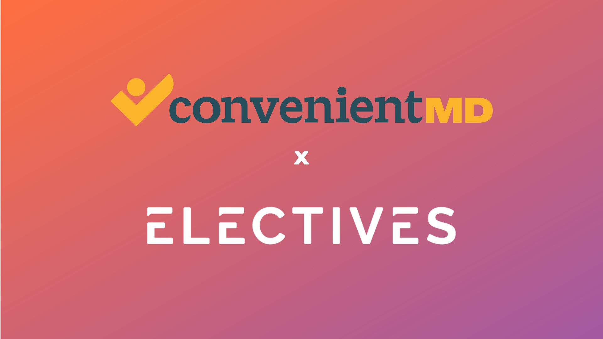 An orange-purple gradient rectangle with the convenient md + electives logos centered
