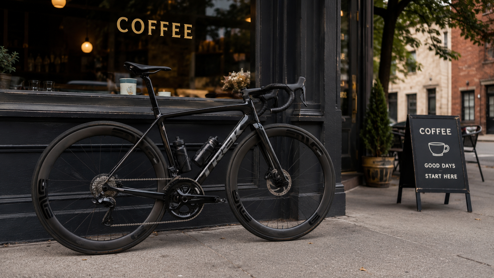 A fancy road bicycle parked outside a coffee shop