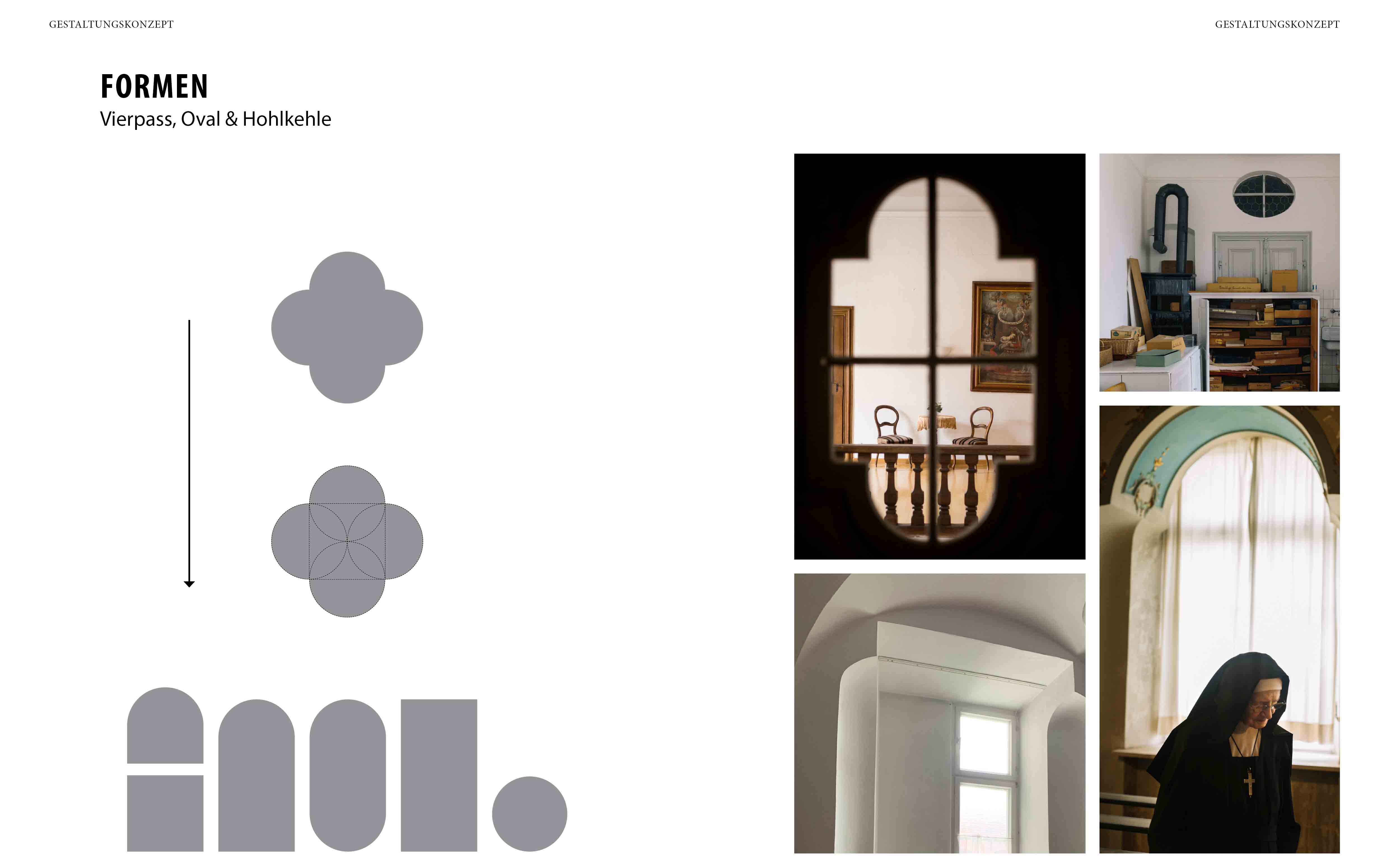 Moodboard zur Formenentwicklung im Gestaltungskonzept für den Innenbereich des Josephstrakts des Klosters Beuerberg, von formstelle gestaltet.