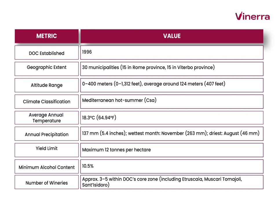 Table with the key statistics of the Tarquinia DOC