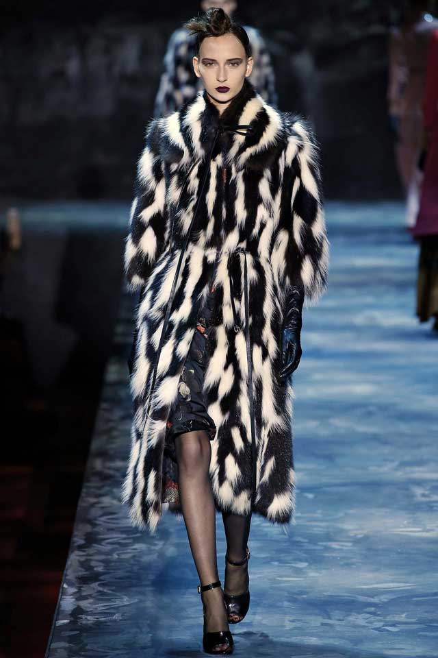 A model is walking the runway for Marc Jacobs wearing a black and white fur coat. Image from Plural, NYC - Social Media Marketing & Content.