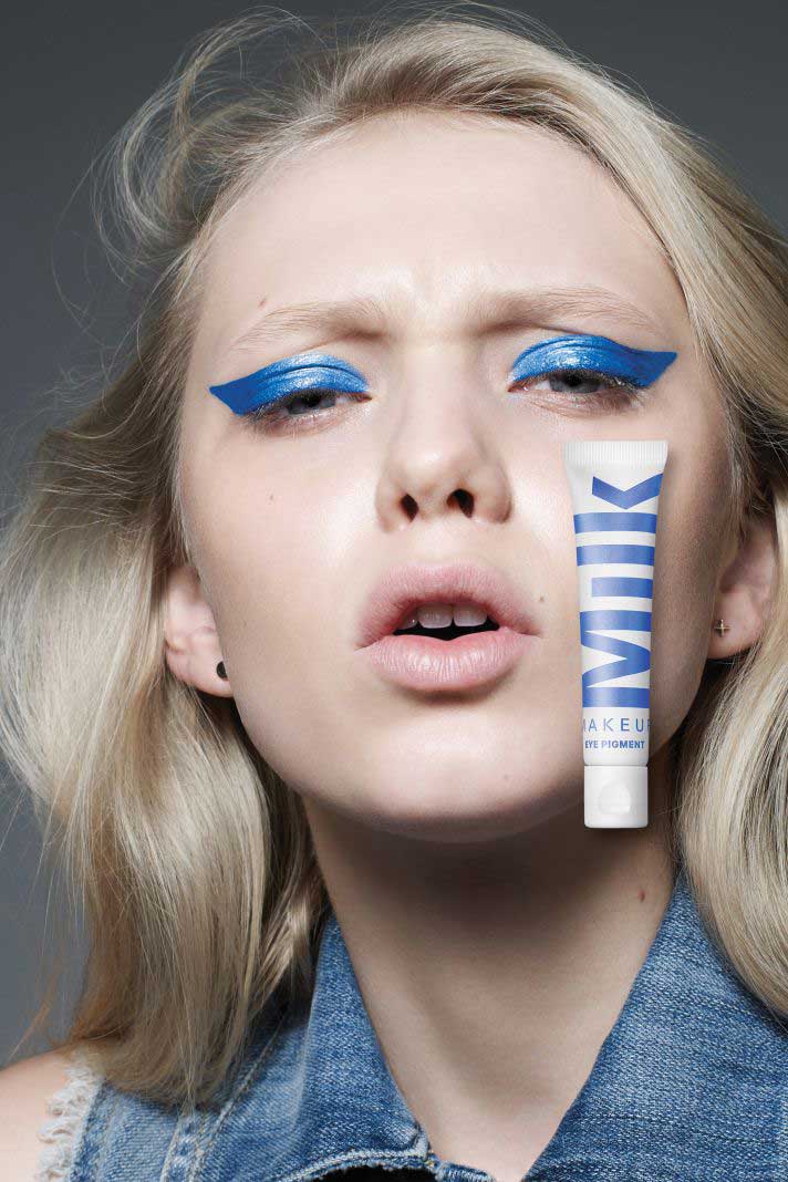 Headshot of a model wearing blue Milk Makeup eyeshadow. Image from Plural, NYC - Social Media Marketing & Content.