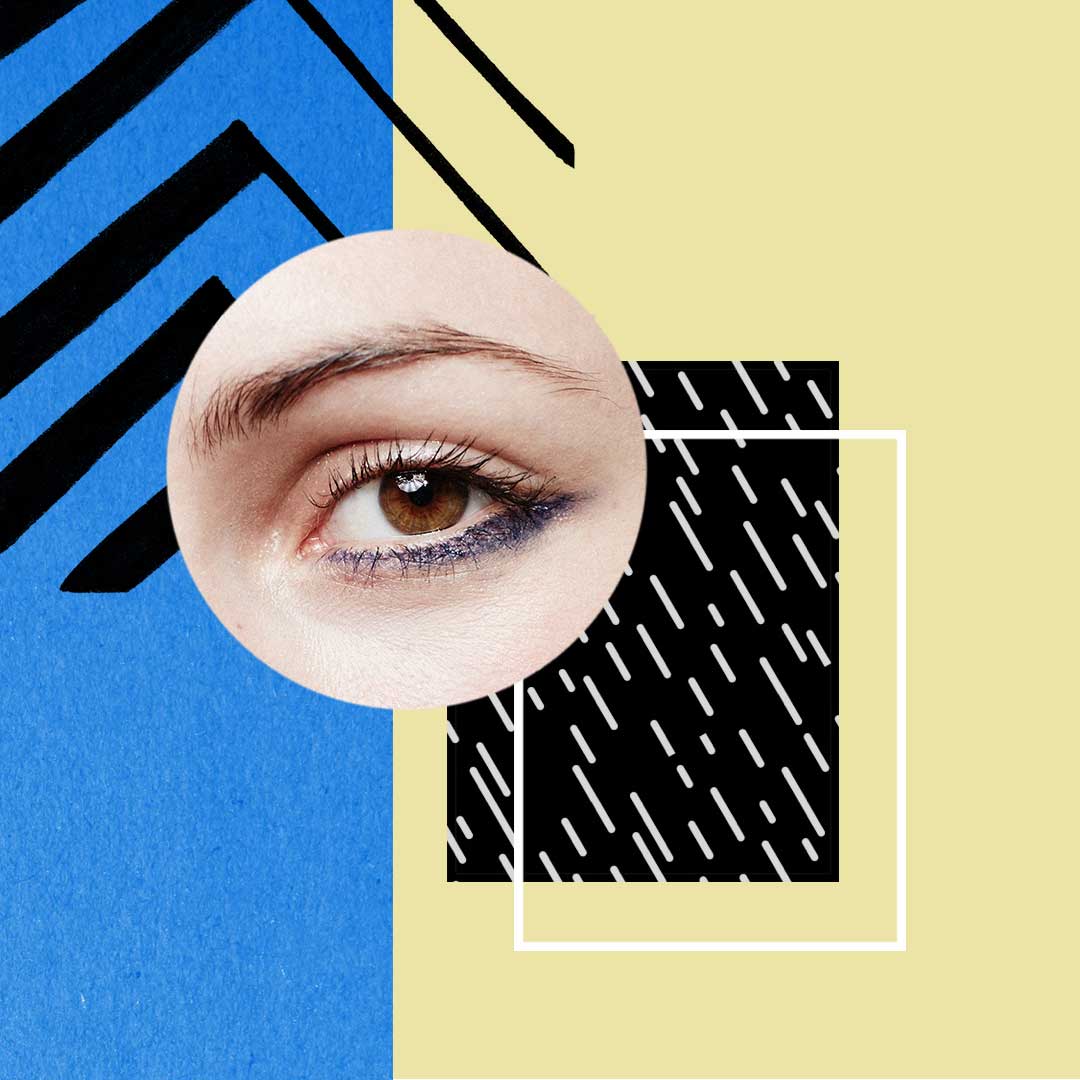 Close-up of an eye with blue eyeliner, against a geometric background with blue, yellow, and black shapes. Brought to you by Plural, NYC: Experts in Social Media Marketing Strategy and High-Quality Content Production.