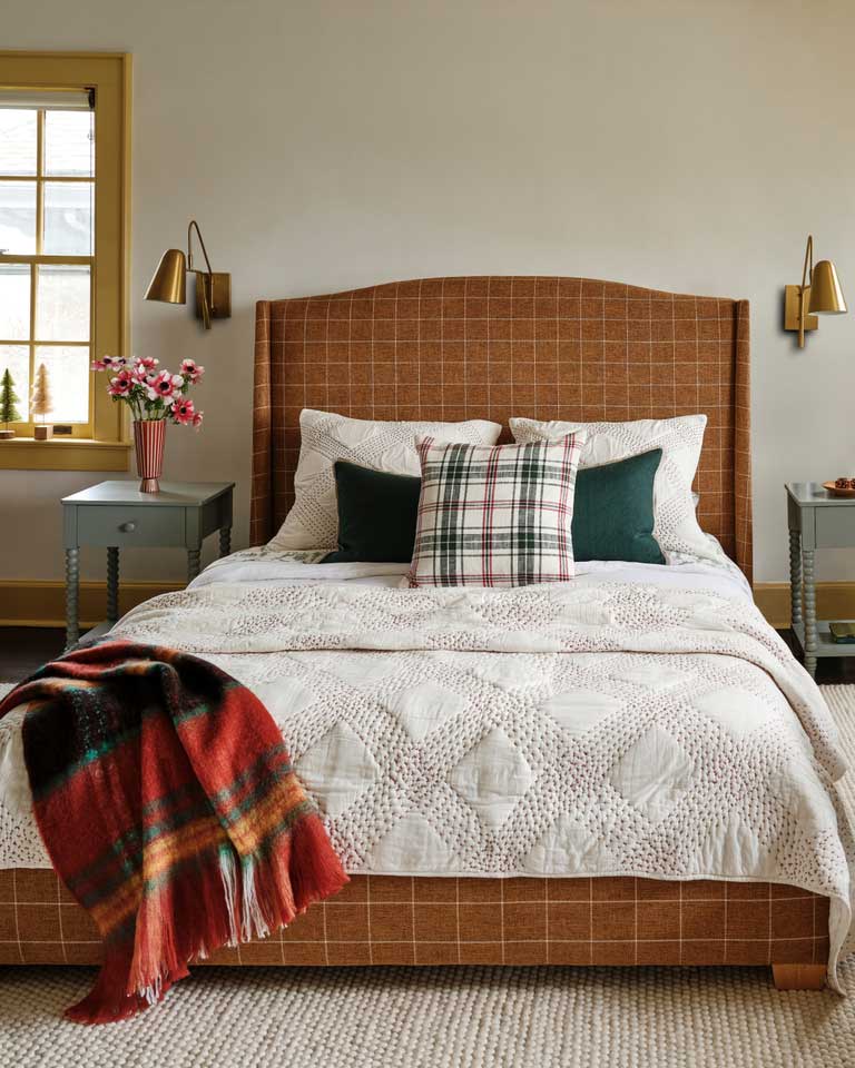 Bedroom with a bed featuring a brown plaid headboard and footboard, white bedding, and plaid and green throw pillows. Image from Plural, NYC - Social Media Marketing & Content.