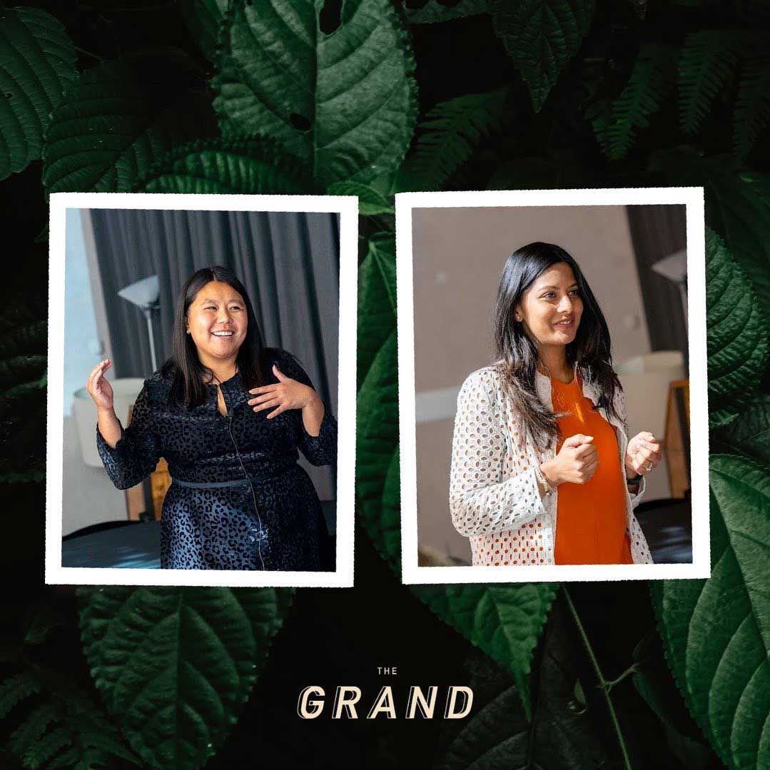 A collage of two women speaking at an event. Image courtesy of Plural, NYC - Social Media Marketing and Content Production Studio.
