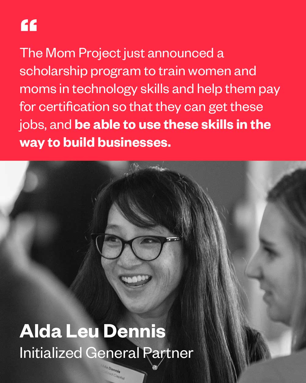 Alda Leu Dennis, an Initialized Partner, is featured in a black-and-white portrait on a red background, with a styling salon for women with textured hair.  Image courtesy of Plural, NYC - Social Media Marketing and Content Production Studio.