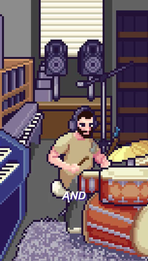 Pixel art illustration of man playing drums in a recording studio. Brought to you by Plural, NYC: Experts in Social Media Marketing Strategy and High-Quality Content Production.