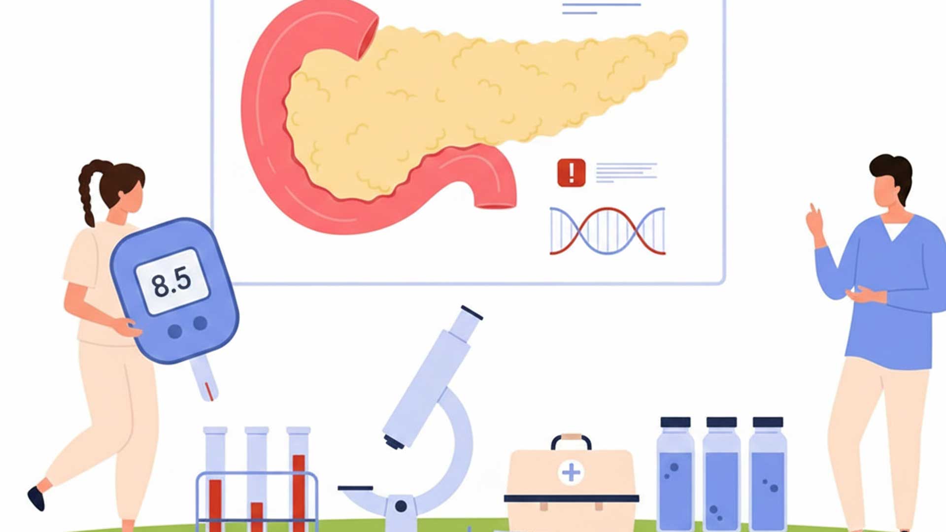 Illustration of two people with medical equipment including a glucose meter showing 8.5, test tubes, microscope, and a graphic of a pancreas with a DNA strand.