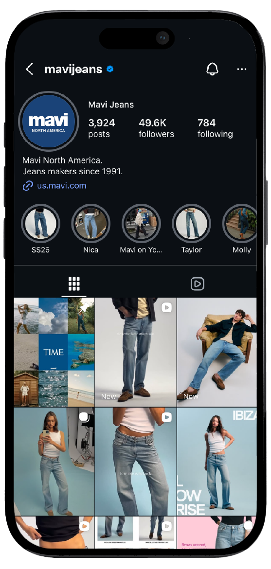 Smartphone displaying Mavi Jeans’s Instagram page, showcasing a mockup of the brand's social media interface