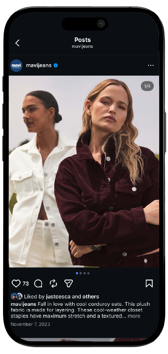 Smartphone displaying Mavi Jeans’s Instagram page, showcasing a mockup of the brand's social media interface