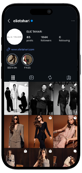 Smartphone displaying Elie Tahari’s Instagram page, showcasing a mockup of the brand's social media interface
