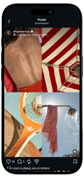 Smartphone displaying Angora Group's Instagram page, showcasing a mockup of the brand's social media interface