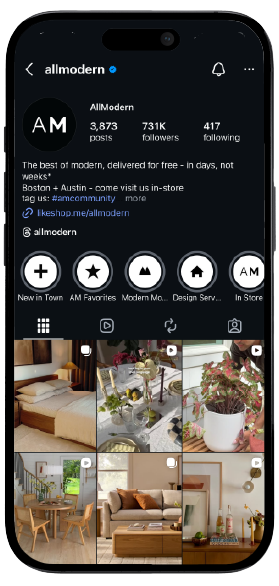 Smartphone displaying AllModern’s Instagram page, showcasing a mockup of the brand's social media interface