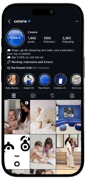 Smartphone displaying Coterie’s Instagram page, showcasing a mockup of the brand's social media interface