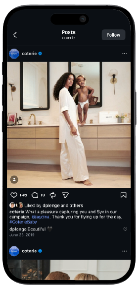 Smartphone displaying Coterie’s Instagram page, showcasing a mockup of the brand's social media interface