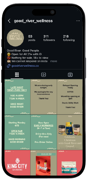 Smartphone displaying Good River Wellness’s Instagram page, showcasing a mockup of the brand's social media interface