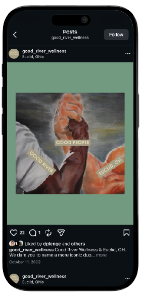 Smartphone displaying Good River Wellness’s Instagram page, showcasing a mockup of the brand's social media interface