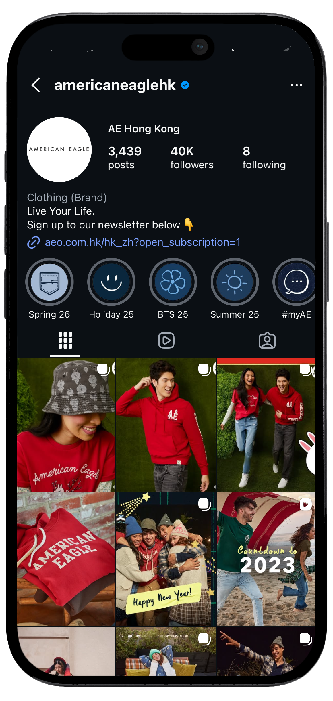 Smartphone displaying American Eagle's Instagram page, showcasing a mockup of the brand's social media interface