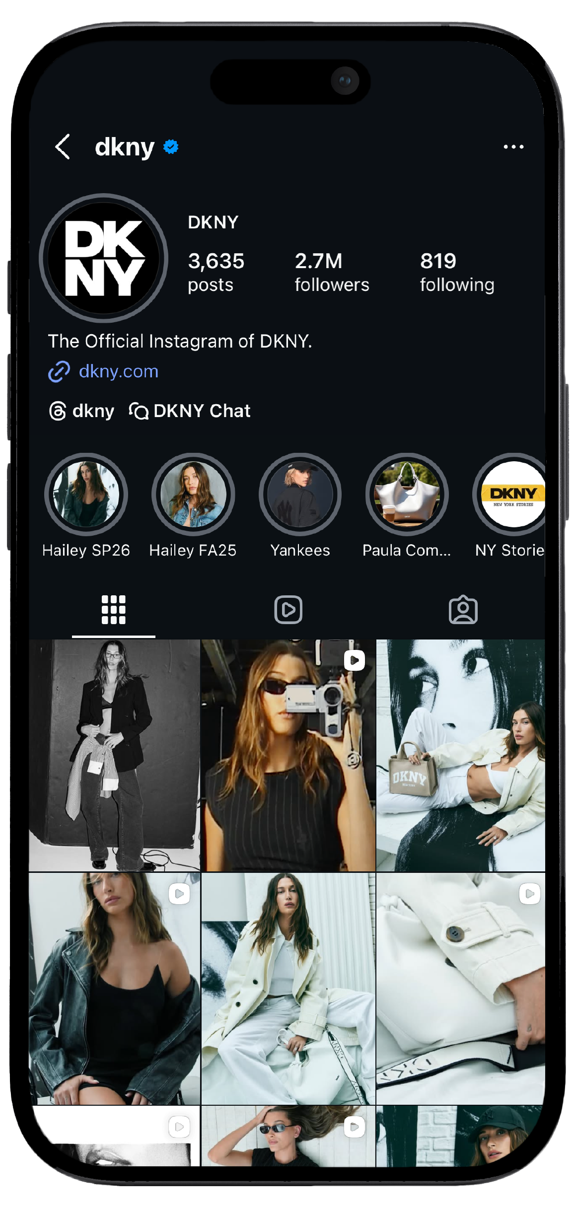 Smartphone displaying DKNY’s Instagram page, showcasing a mockup of the brand's social media interface